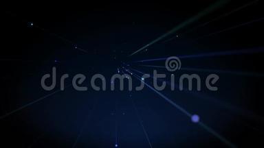 3D在蓝色黑暗空间动画中看到带有火花的蓝色彩色运动灯光条纹